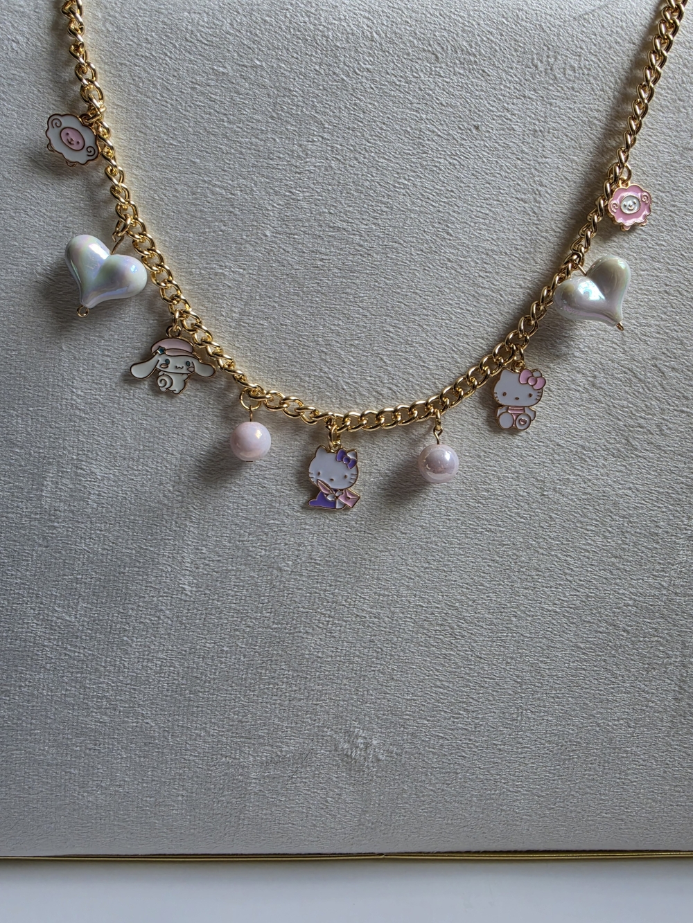 Gold Chain Necklace with Pink Enamel Charms and Pearlescent Beads - Picture 5 of 6